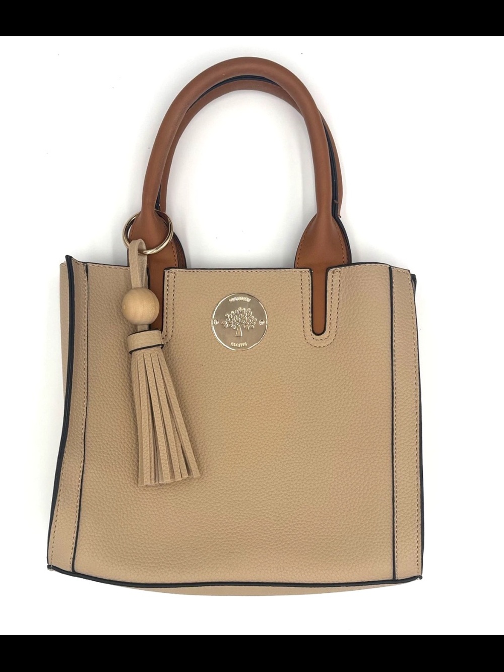 Mulberry Beige Tote with Tan Handles and Tassel